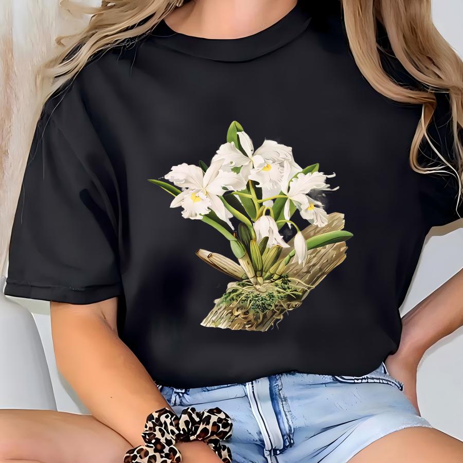 Cozy White Orchid Sweatshirt For Plant Enthusiasts, Nature Lover's Dream Crewneck, Cottagecore Chic Pullover T-shirt