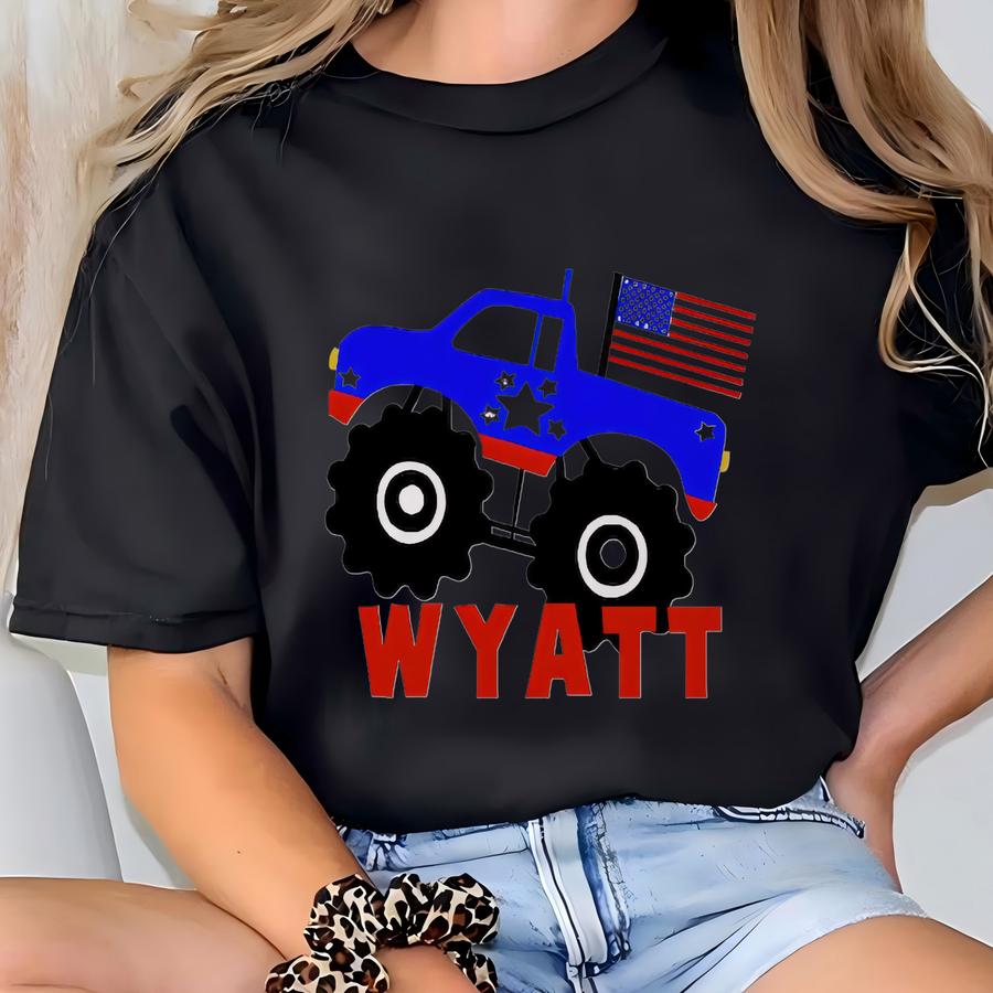 Personalized Patriotic Kids Tee: 4th Of July Monster Truck With Name Shirt - Al1462 T-shirt