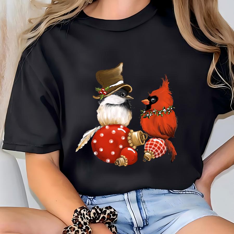 Chickadee Cardinal Christmas Ornament Tee - Unisex Holiday Shirt T-shirt