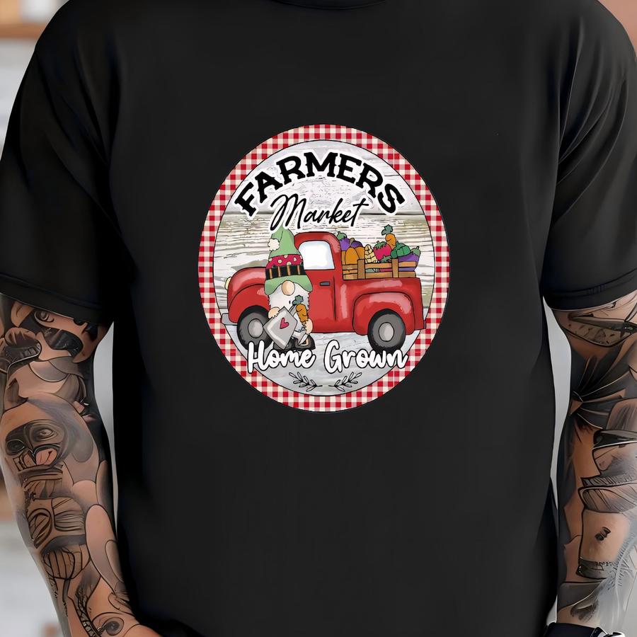 Farmer's Market Tee, Cute Gnome And Old Truck Farmer's Market, Home Grown Design On Premium Unisex Shirt, 3 Color Choices, Plus Size T-shirt