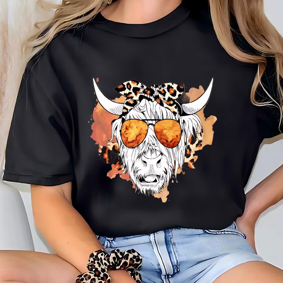 Highland Cow Fall Hoodie, Leopard Bandana, Unisex Soft Tee T-shirt