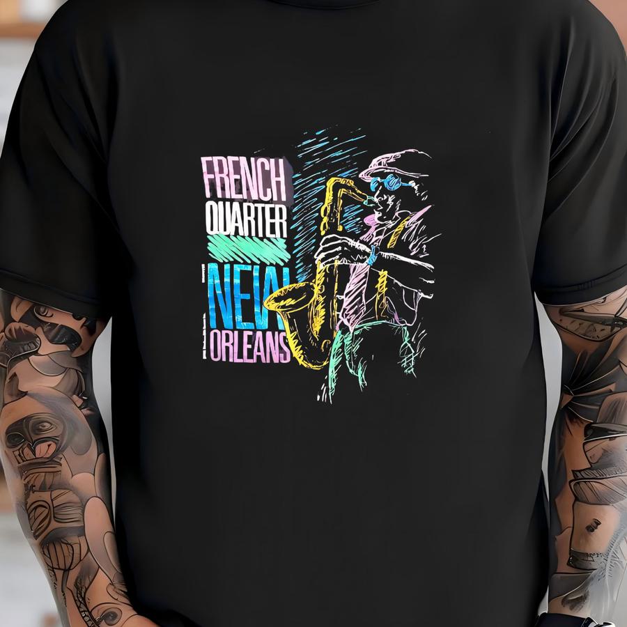 Vintage 1990s French Quarter New Orleans Black Pullover Sweatshirt Size Extra Large 46 Hipster Swag Jazz Music T-shirt