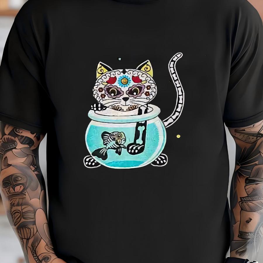 100% Cotton Fabric By The Yard Timeless Treasures Cat Skeletons Fishbowl C4159 Black T-shirt