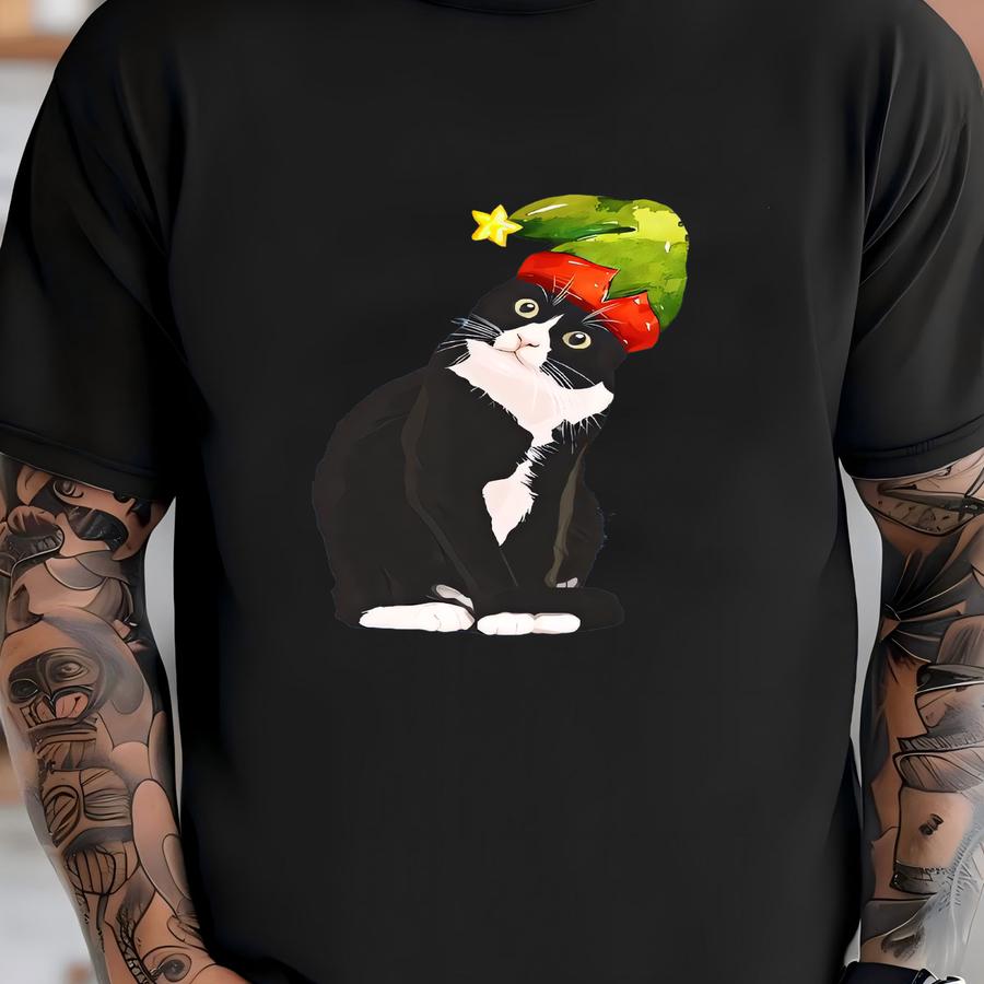 Christmas Cat Tee: Tuxedo Cat With Elf Hat, Unisex Shirt T-shirt