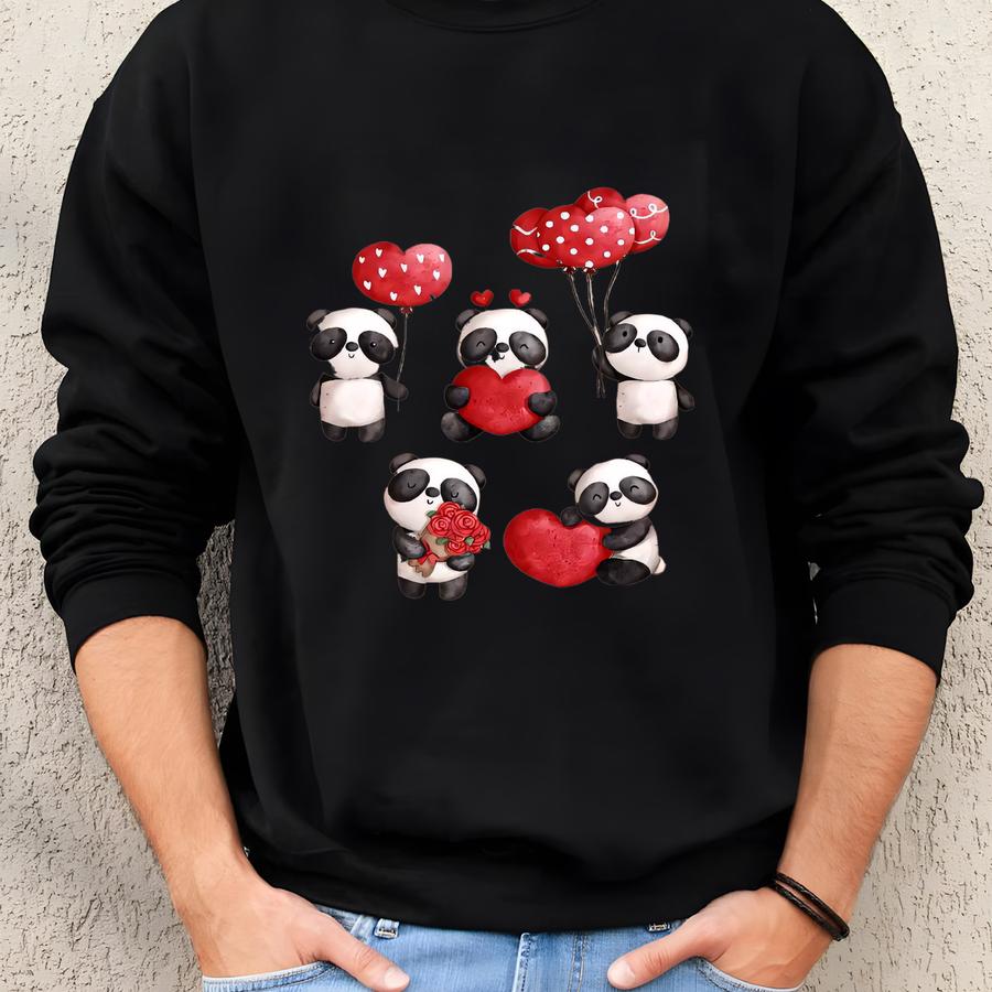 Valentine Day Panda Bears, Cute Panda Bears With Balloons Design On Premium Unisex Shirt, 3 Color Choices, 2x, 3x, 4x, Plus Sizes Available Sweatshirt