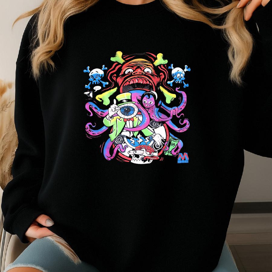 Vintage 1990s Joey Mars All Over Print Black Cotton T-shirt Size Large Skull Monster Single Stitch Rap Swag Hip Hop Liquid Blue Sweatshirt