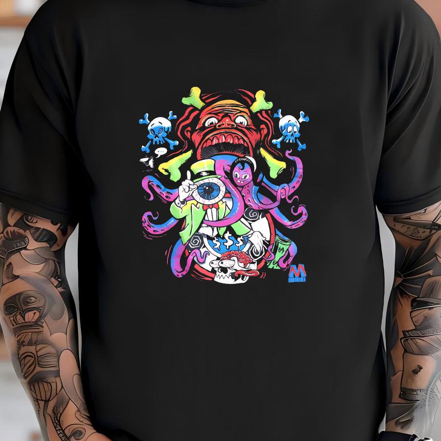 Vintage 1990s Joey Mars All Over Print Black Cotton Hoodie Size Large Skull Monster Single Stitch Rap Swag Hip Hop Liquid Blue T-shirt