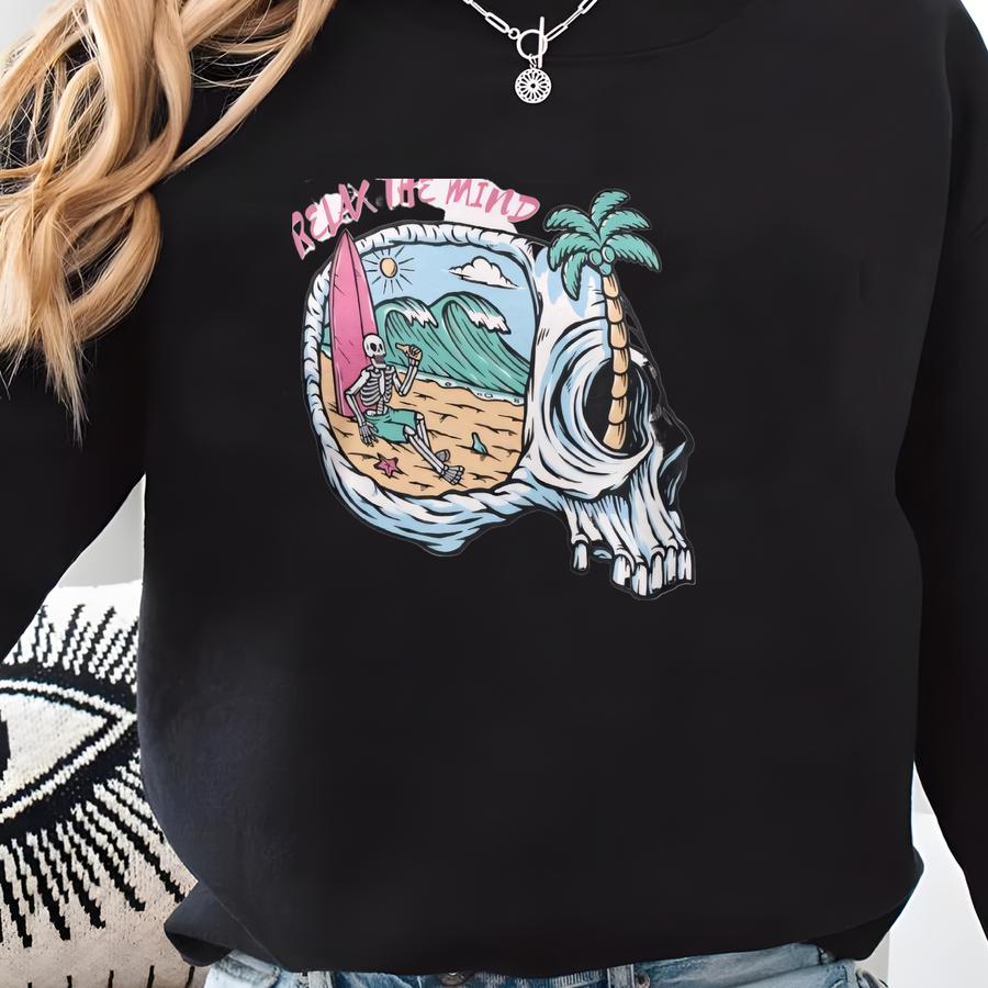Relax The Mind Surf Hoodie, Surfing Sweatshirt, Skeleton T Shirt, Surf Shirt, Surf Gifts, Surfing Gifts, Gifts For Him Her, Skull Gifts Sweatshirt