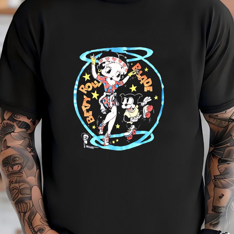Vintage 1990s Betty Boop Roller Blade Skate Black Cotton Long Sve Hoodie Size Extra Large Chris Pinkerton All Over Print Swag Hipster T-shirt