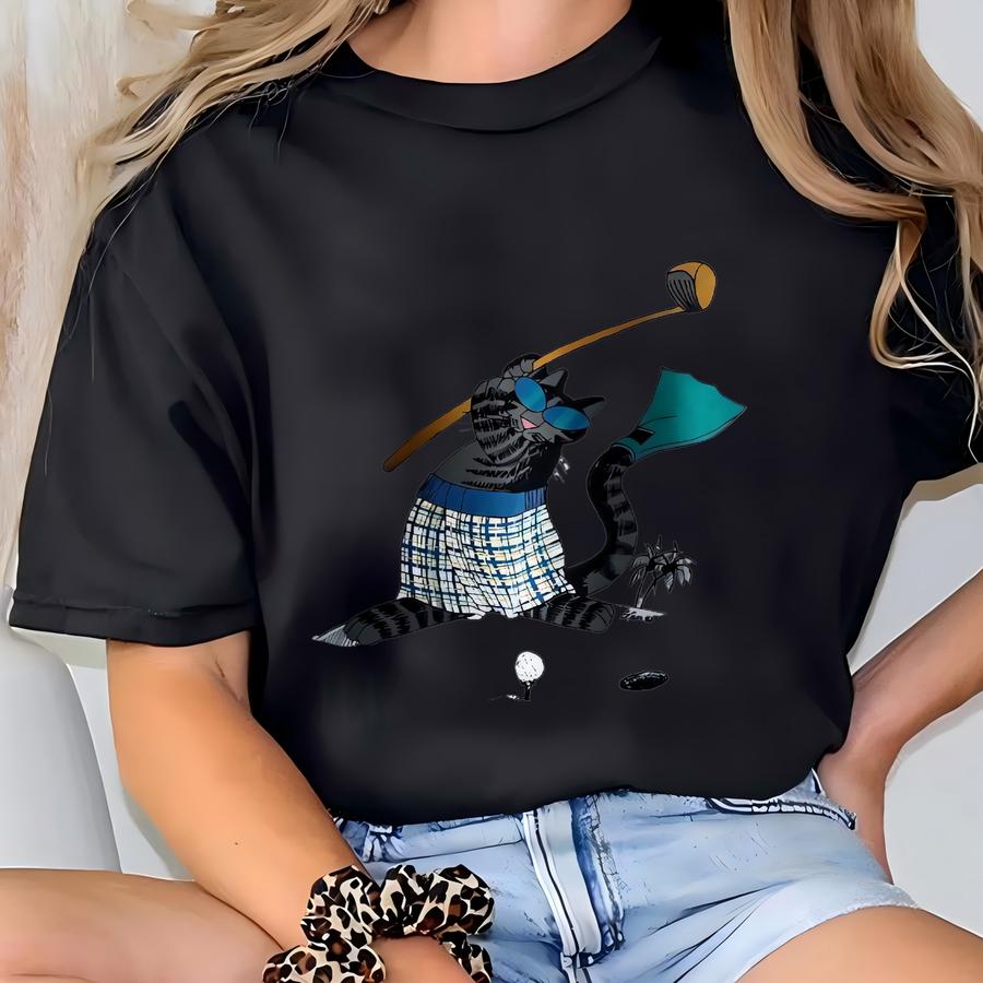 Vintage 80s Distressed Cat Golf By Crazy Shirt Sweatshirt Cat Crewneck Cat Pullover Cat Jumper Printed Logo Grey Color Women’s Fit M T-shirt