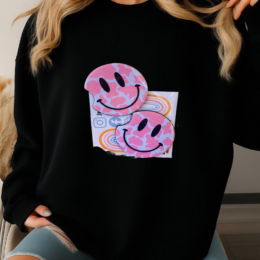Pink Cow Print Smile Face Car Ers, Lightning Bolt Eyes Car Ers, Sweet 16 Gift, Car Gift, Birthday Gift For Women, Cup Holder Sweatshirt