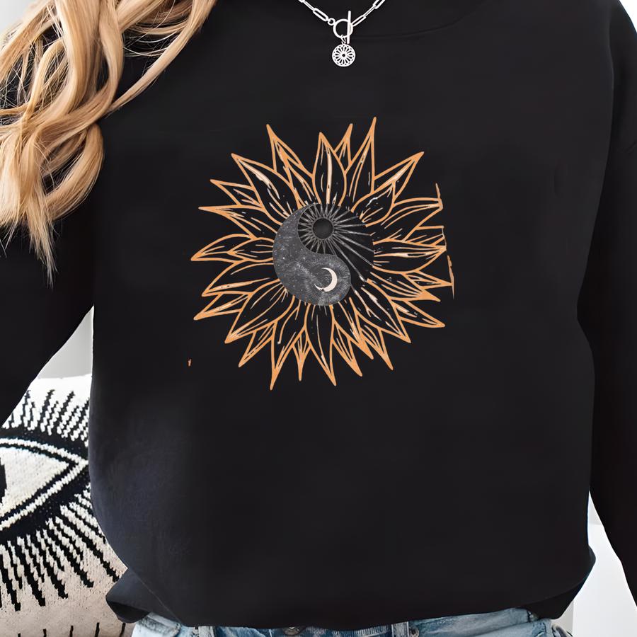 Yin Yang Suower Shirt Wild Flower Tee Ying Yang Sun And Moon Good Energy Solar System Zen Shirt Y2k Aesthetic Oversized Graphic Tee Sweatshirt