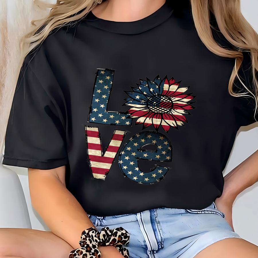 Love America Suower Sweatshirt, Usa Flag Flower Hoodie, Gift For American, 4th Of July Flag Graphic Sweatshirt, Independence Hoodie, E571 T-shirt