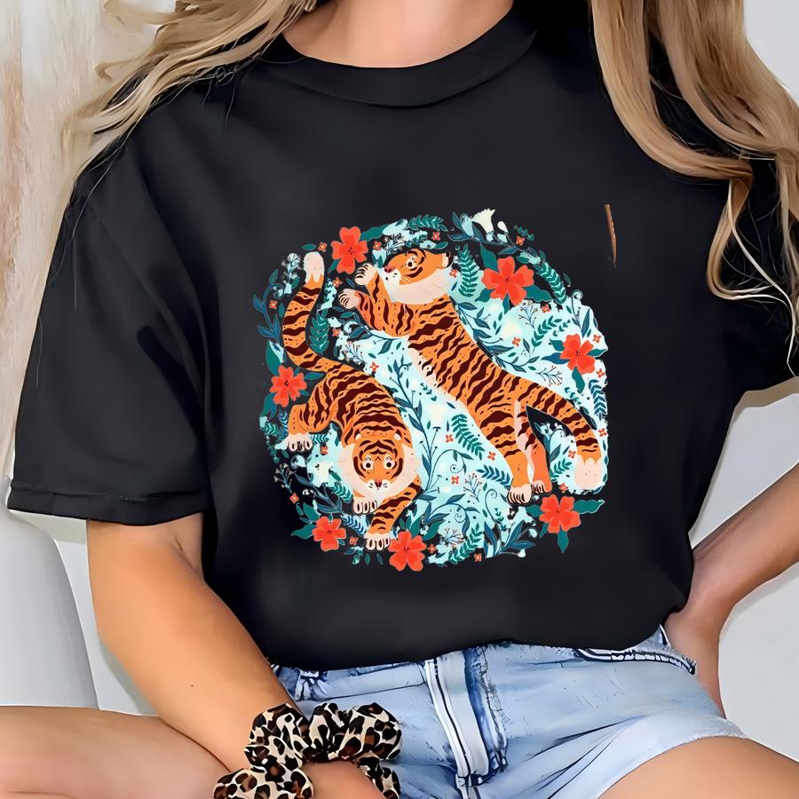 Tiger Muscle Tank Tiger Print Shirt Cottage Core Clothes Cottagecore Clothing Botanical Tank Top Tiger Lover Gift Folk Art Shirt T-shirt