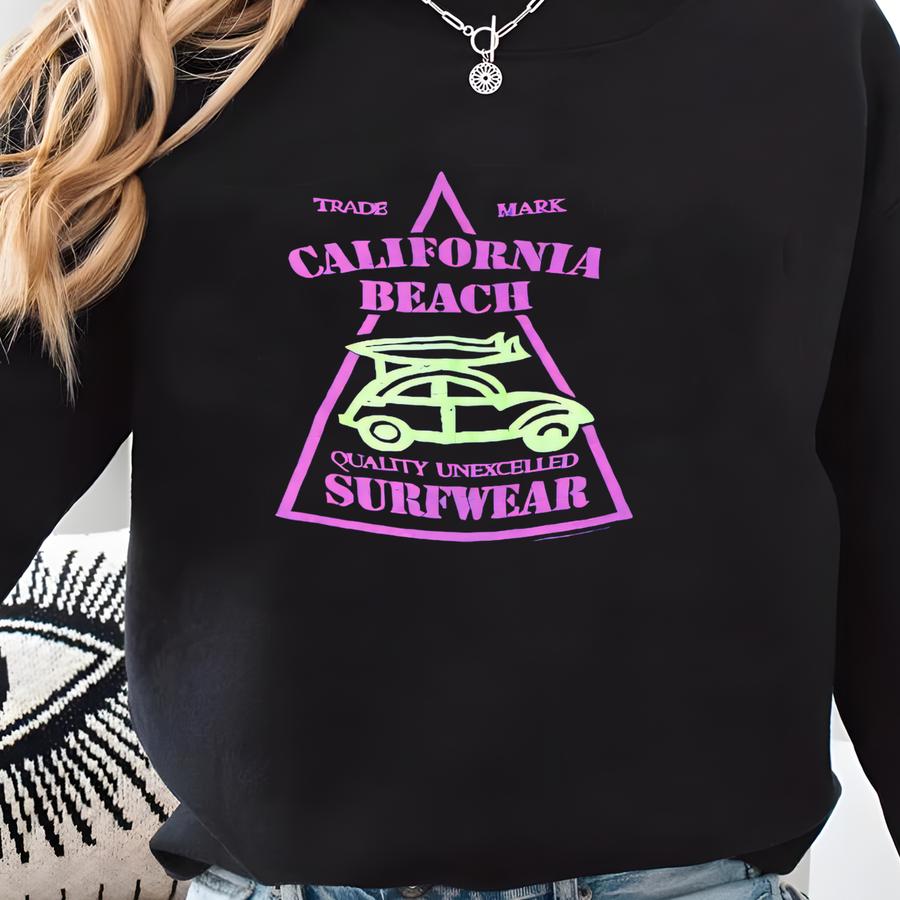 Vintage California Beach Surfwear T-shirt Surfing Wrap Around Graphic Purple Pink Green Fruit Of The Loom Made In Usa Sz L Surf Skate Sweatshirt