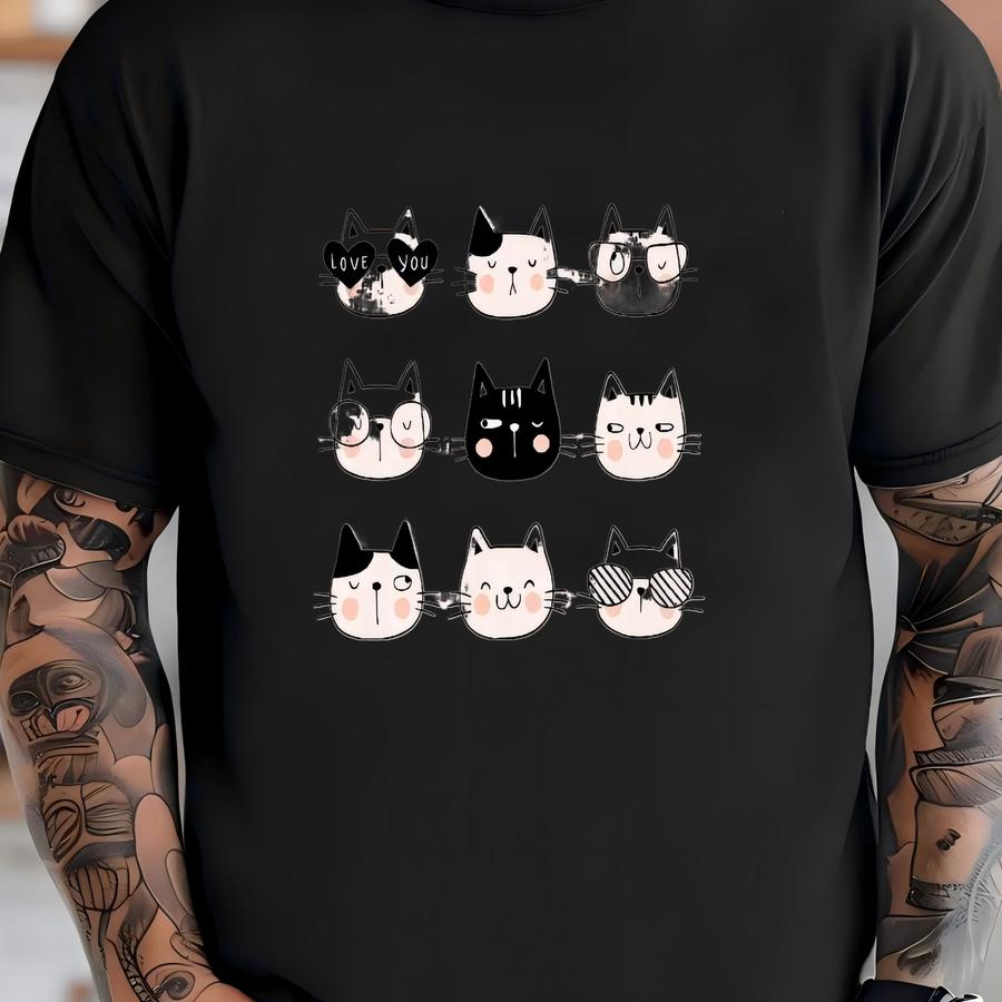 Black And White Cats, Cute Cats In A Row, Line Drawing Of Cats Design On Premium Unisex Shirt, 3 Color Choices, 3x Cats, 4x Cats, Plus Size T-shirt