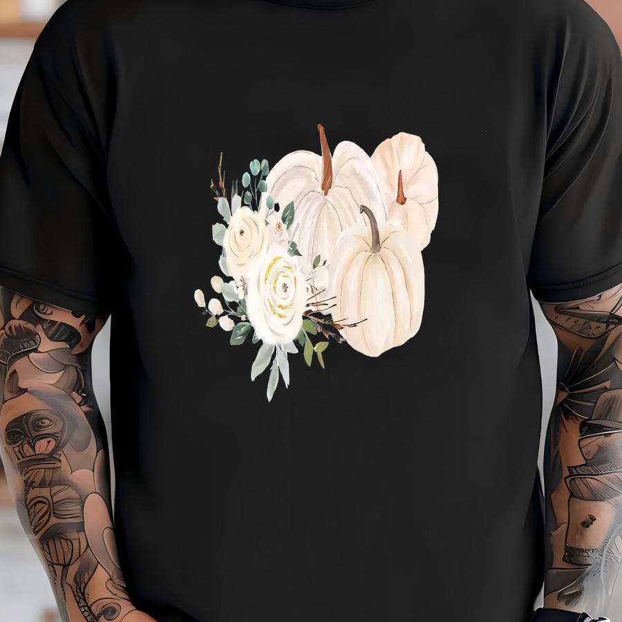 Floral White Pumpkins Fall Hoodie: Unisex Autumn Design T-shirt