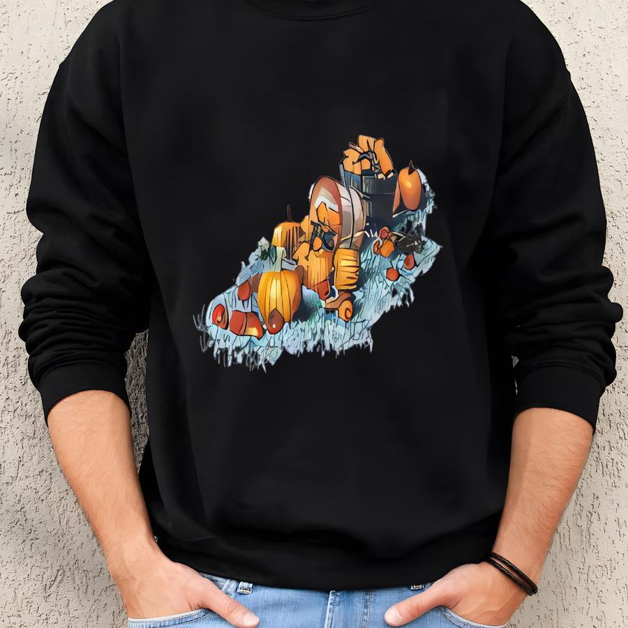 Vintage Small Cream Colored Sweatshirt With Maroon Turtle Neck. Pumpkin Harvest Scene With A Wagon, Pumpkins And Fall Leaves. Hand Pockets. Sweatshirt