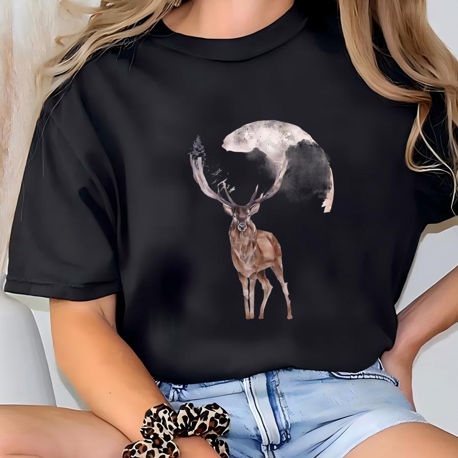 Reindeer Shirt, Winter Shirt, Winter Shirts For Women, Nature Shirt, Moon Shirt, Forest Animals, Deer Tshirt, Holiday Shirt, Winter Night T-shirt