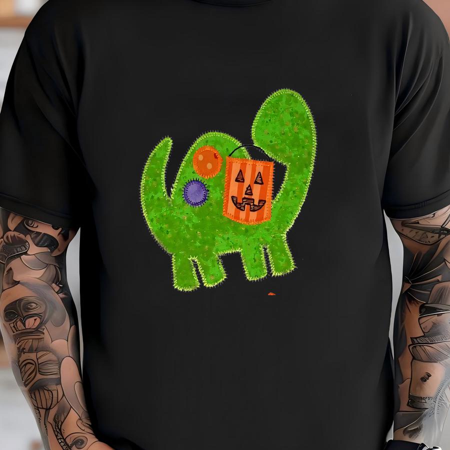 Trick Or Treat Dinosaur - Halloween Shirt - Applique Y - Green Orange - Brontosaurus - Personalized Name - Fall Candy T-shirt