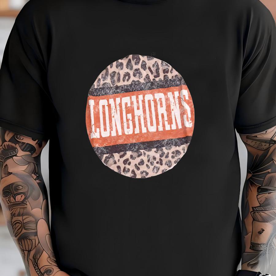 Longhorns Graphic Hoodie - Unisex Size - Leopard Orange Distressed Design - Short Sve Tan Tee - Football Fan - Texas Team - College T-shirt