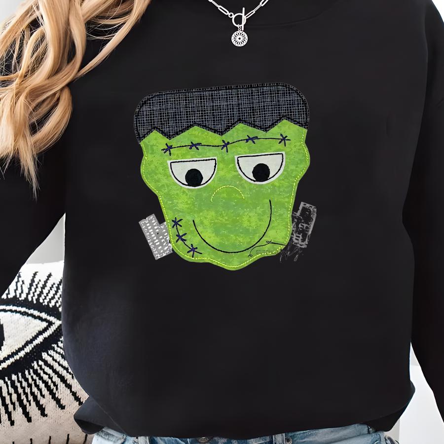 Frankenstein Applique - Kids Shirt - Halloween Outfit - Green Black - Personalized Name - Boy's Top - Holiday Theme Character Sweatshirt