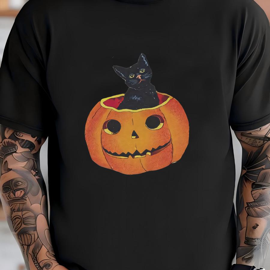 Vintage Halloween Shirt, Shirt, Black Cat Shirt, Cat Lover Shirt, Pumpkin Shirt, Pumpkin Cat Hoodie, Retro Halloween Hoodie T-shirt