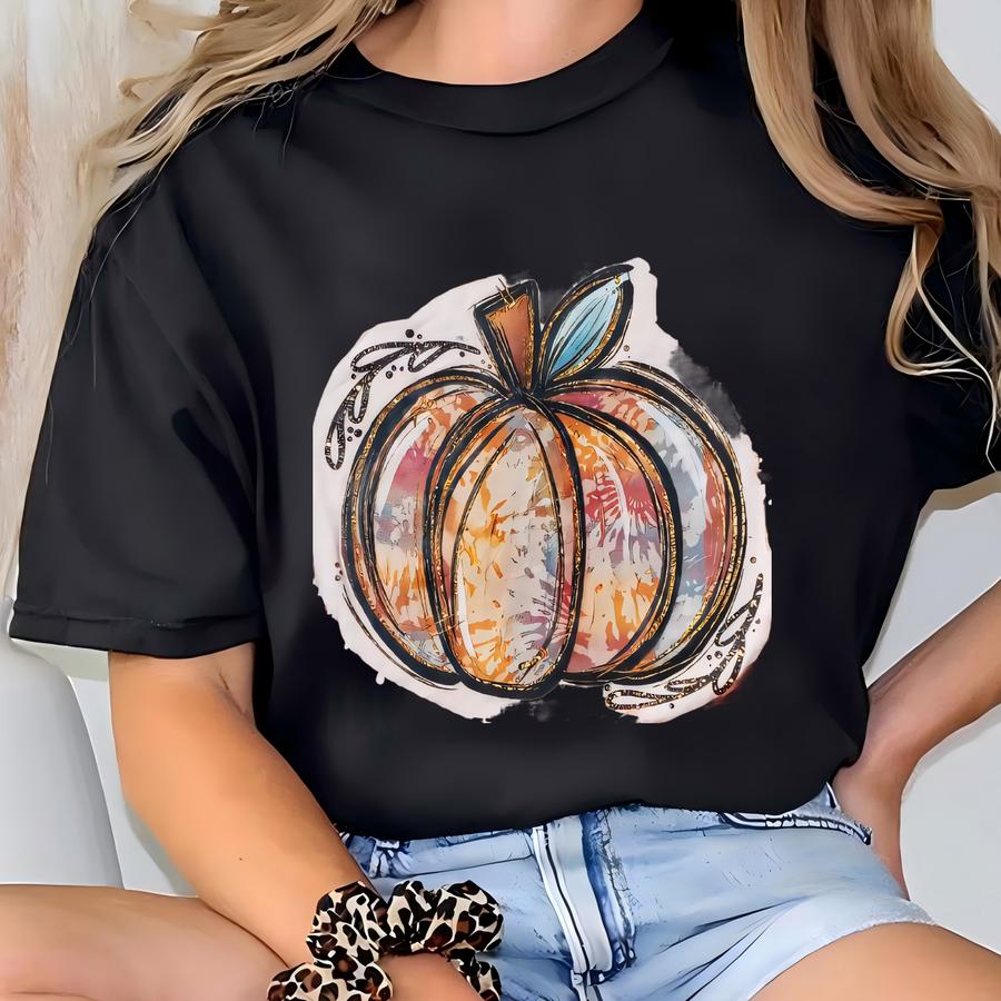 Colorful Watercolor Pumpkin Bleached Shirt - Fall Shirts - Bleached Shirt - Pumpkin Shirt - Cute Fall Shirts - Fall Shirts For Women T-shirt