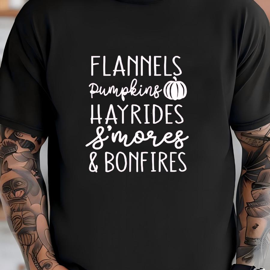 Flannels Pumpkins Hayrides Long Sve Shirt, Comfy Autumn Harvest Tee, 12160 T-shirt