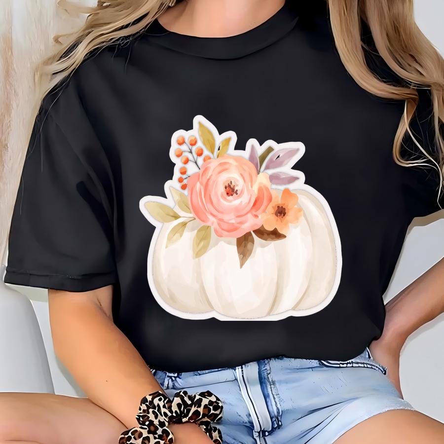 White Floral Pumpkin Sticker T-shirt