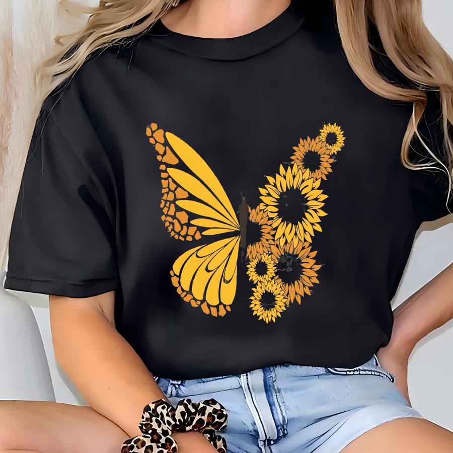 Butterfly Shirt, Suower Hoodie, Butterfly Suower Shirt, Floral Shirt, Pretty Suower Women Tee, Fall Shirt, Cute Butterfly Top T-shirt