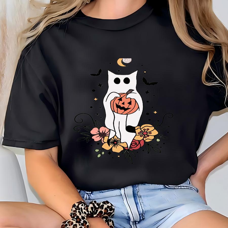 Floral Ghost Cat Sweatshirt, Halloween Sweatshirt, Retro Ghost Cat Hoodie, Cute Floral Ghost Sweater, Spooky Season Gifts, Cat Lover Gift T-shirt