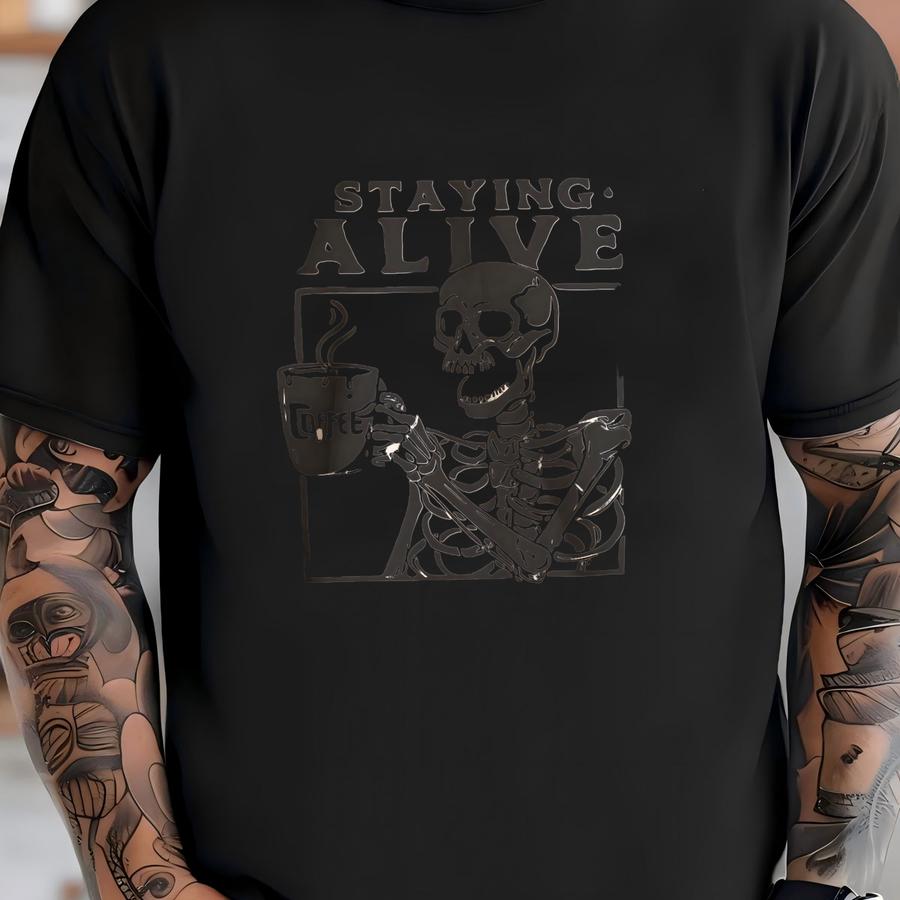 Staying Alive Halloween Sweatshirt Funny Skeleton Crewneck, Party Costume Pullover Sweater Gothic Clothes Spooky Season Vintage Apparel Gift T-shirt