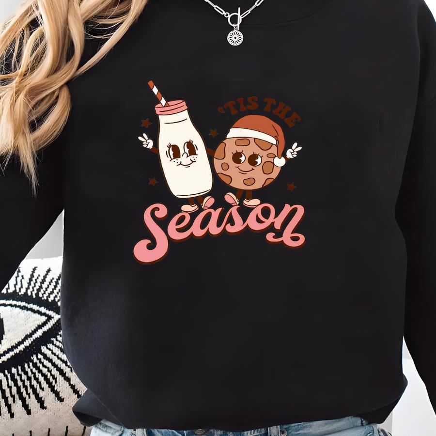 Tis The Season Retro Christmas Shirt, Cookie And Milk Christmas Crewneck, Xmas Tee, Cute Christmas Tshirt, Gift For Women Sweatshirt