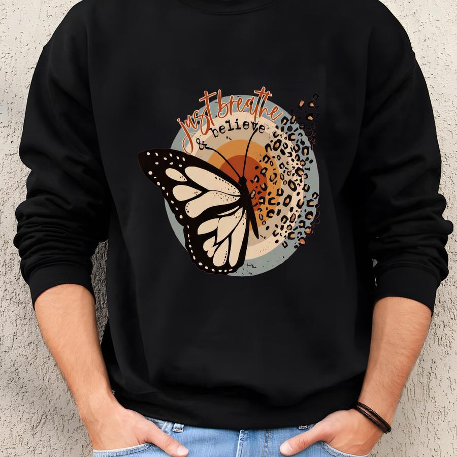 Just Breathe Butterfly Screen Print T-shirt, Butterfly Graphic Shirt, Woman Graphic Tee, Graphic Tee For Women Sweatshirt