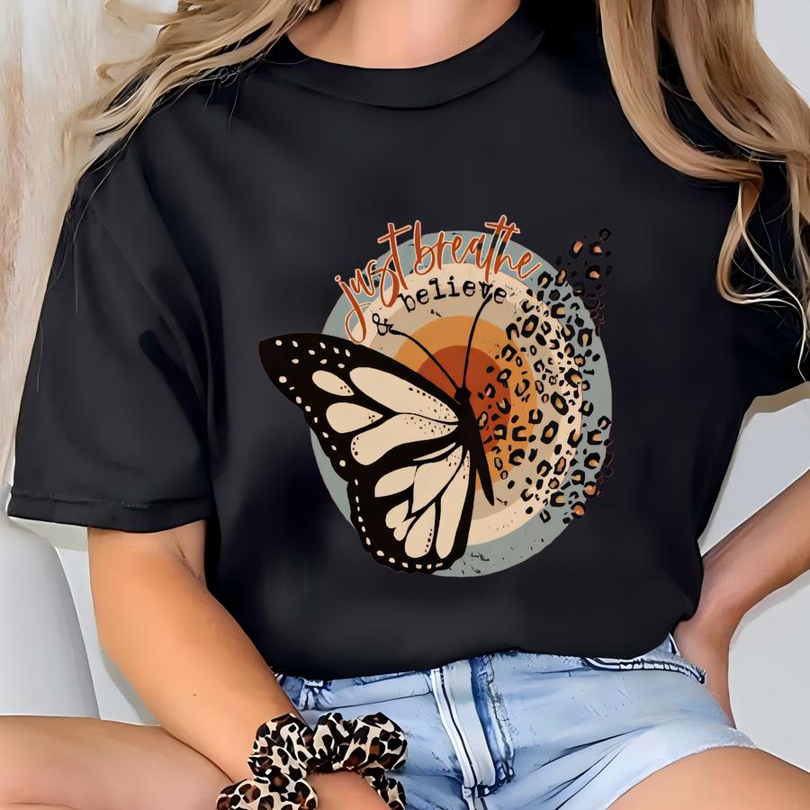 Just Breathe Butterfly Screen Print Hoodie, Butterfly Graphic Shirt, Woman Graphic Tee, Graphic Tee For Women T-shirt