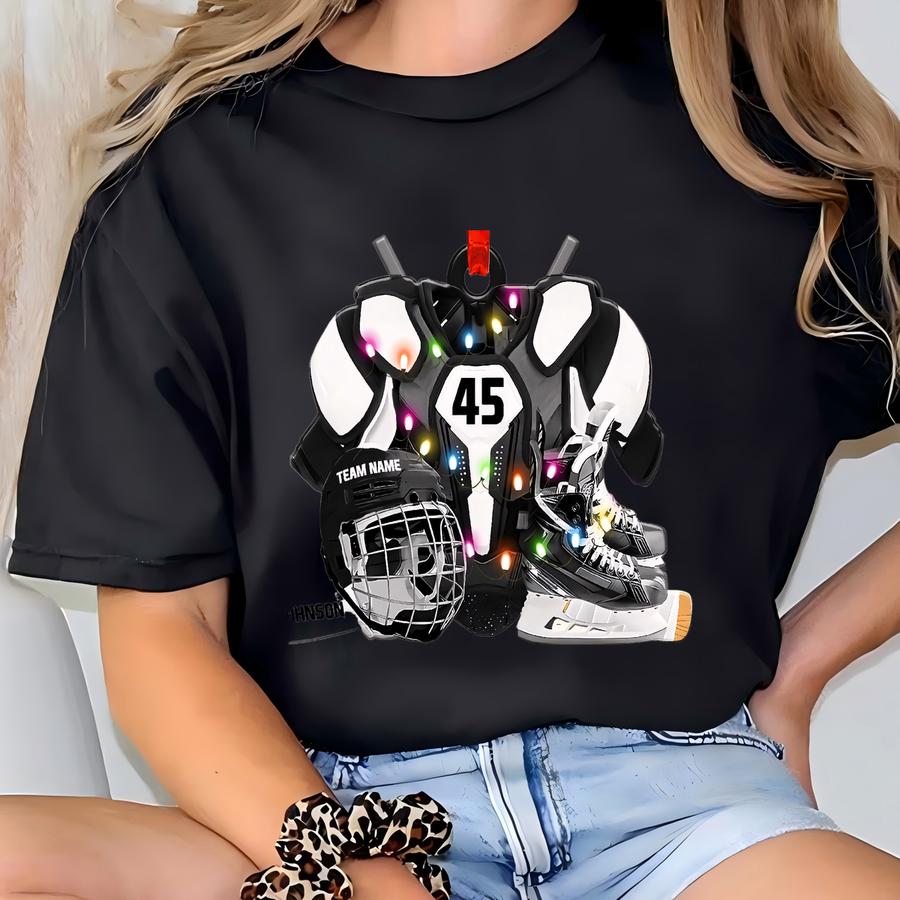 Hockey Gear Christmas Light Personalized Ornament, Hockey Ornament Keychain Car Ornament, Hockey Players Gifts Christmas Ornaments T-shirt