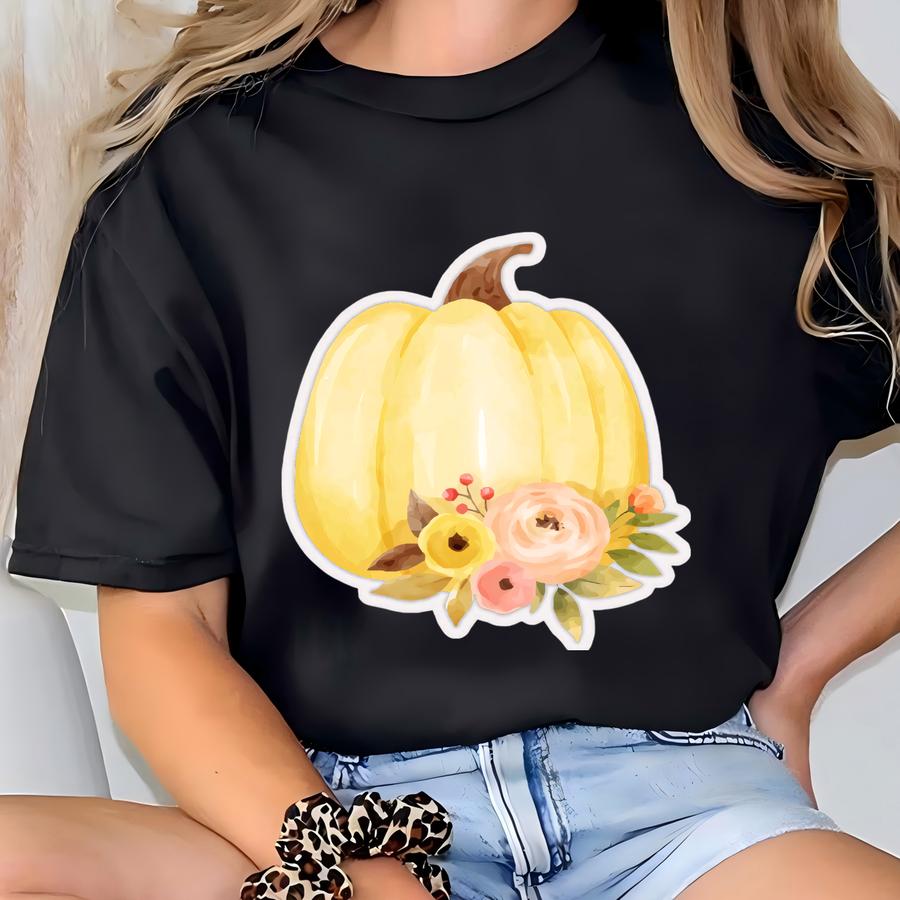 Yellow Floral Pumpkin Sticker T-shirt
