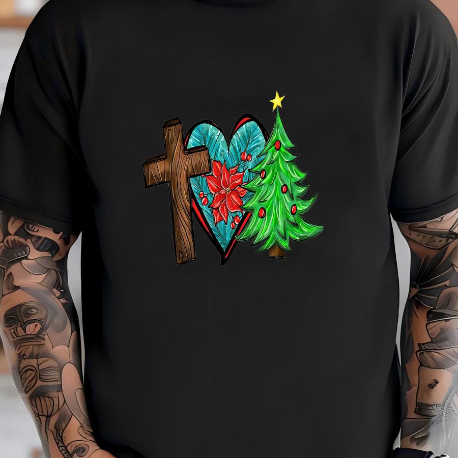 Faith Love Christmas Shirt: Cross, Poinsettia, Tree Design T-shirt