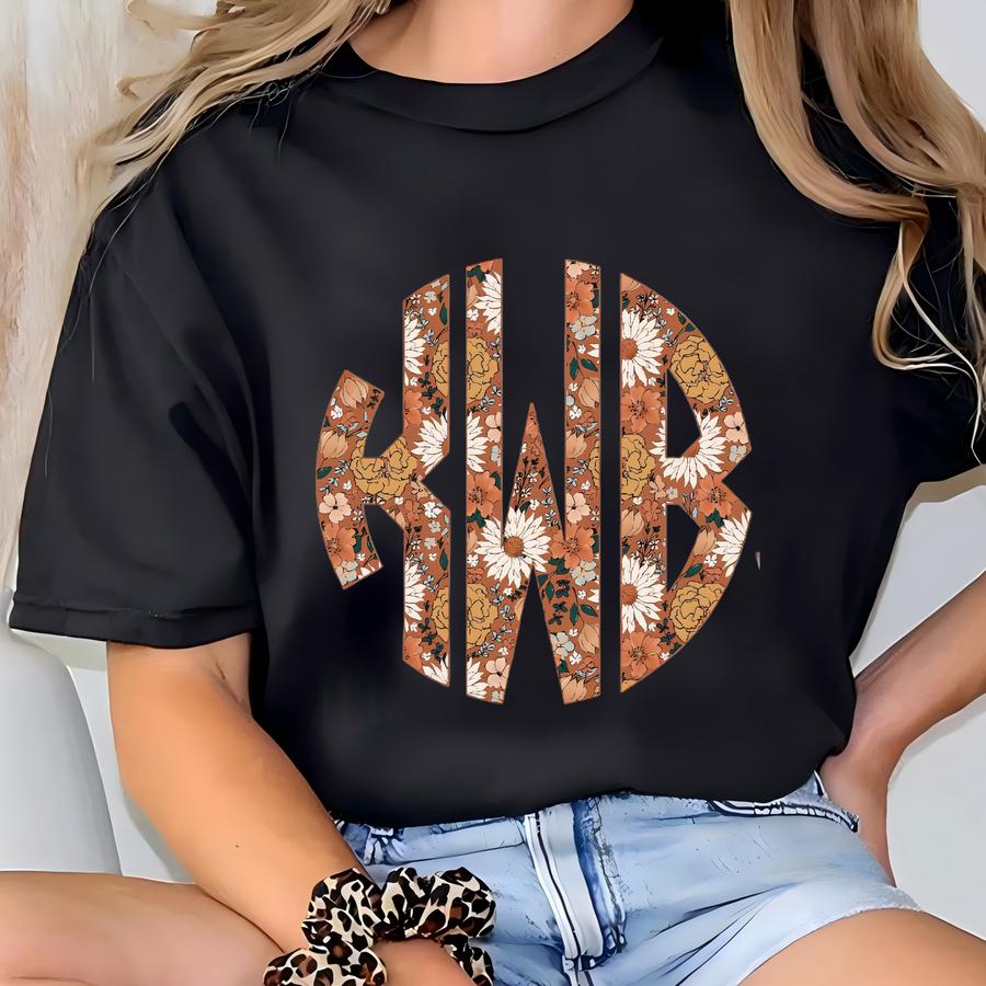 Monogram Boho Floral Sweatshirt, Large Monogram Sweatshirt, Oversized Sweatshirt, Retro Floral T-shirt