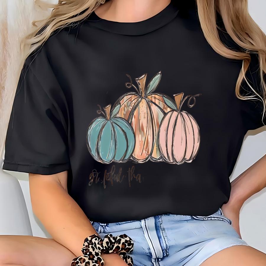 Watercolor Pumpkin Fall Hoodie; Grateful, Thankful, Hoodie T-shirt
