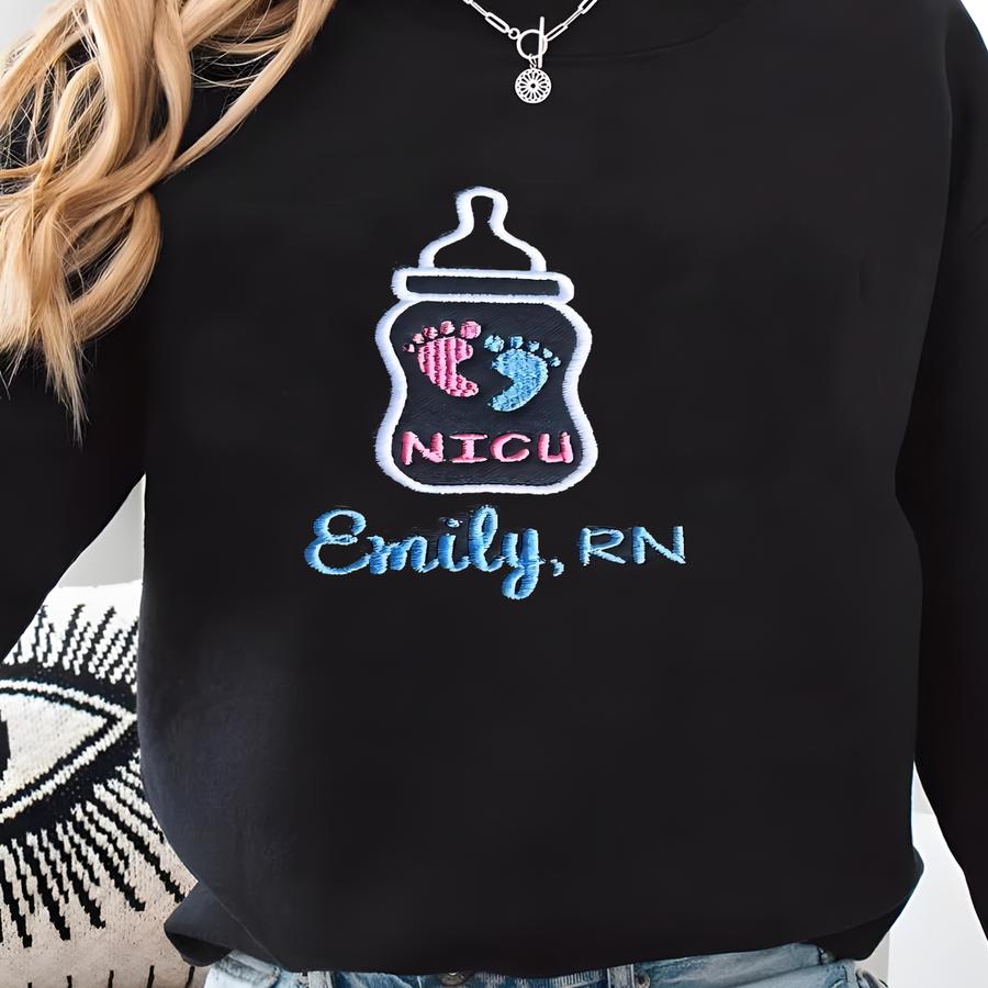 Custom Nicu Full Zip Jacket With Pockets, Gift For Nurses, Rn, Bsn, Cna, Lpn, Lvn, Peds, Picu, Personalized Baby Bottle, Name And Title Sweatshirt