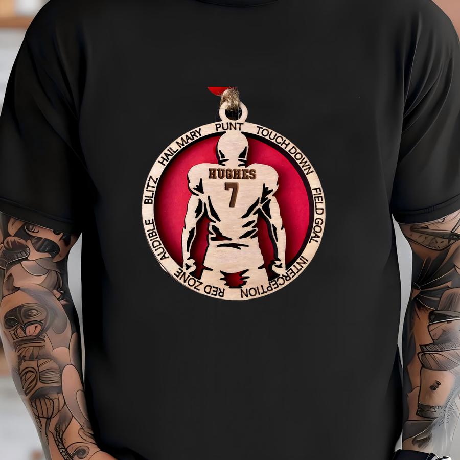 Personalized Football Player Ornament: Engraved Wood Car Charm T-shirt