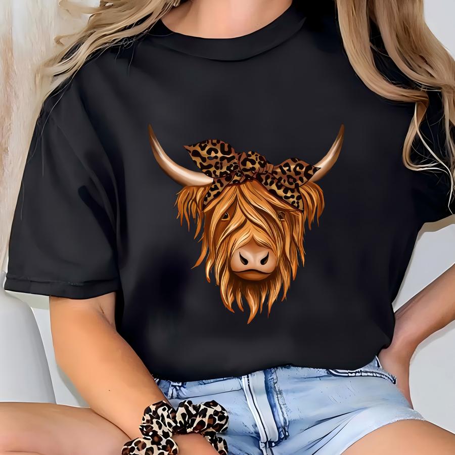 Leopard Boho Highland Cow Hoodie: Animal Lover Farm Tee T-shirt