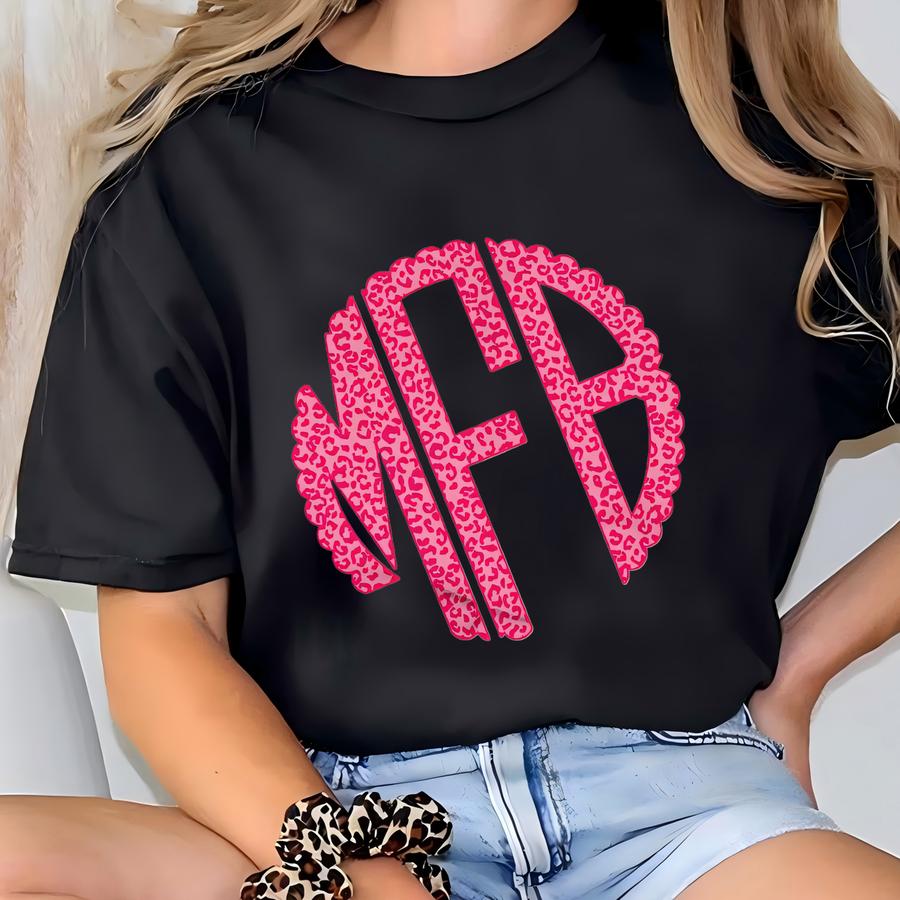 Monogram Hot Pink Leopard Sweatshirt, Personalized Monogram Crewneck T-shirt