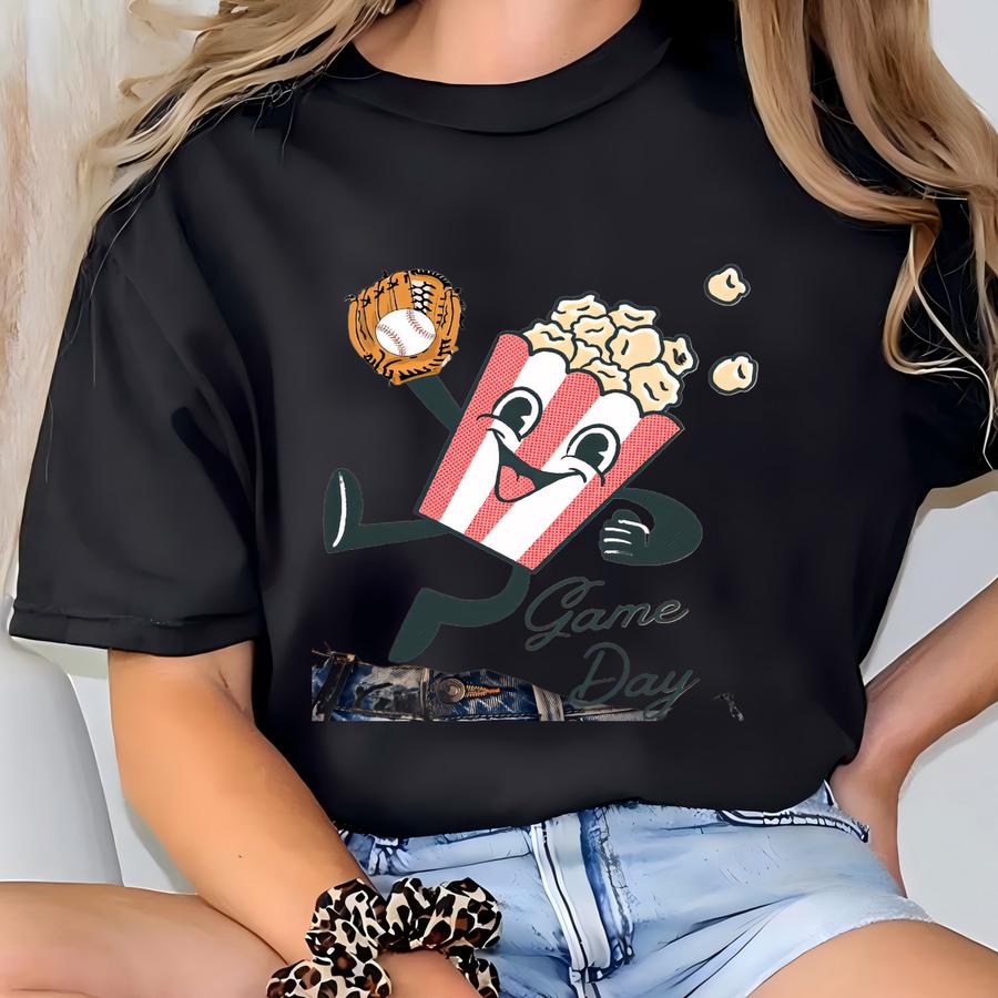 Game Day Baseball Shirt, Baseball Tshirt, Baseball Mom Shirt, Retro Baseball Shirt, Retro Popcorn Shirt, Oversized Tee, School Spirit Gear T-shirt