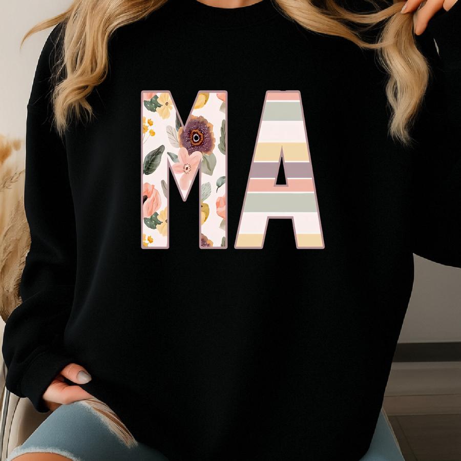 Floral Ma Sweatshirt, Medical Assistant, T-shirt, Stripes, Black, Cute, Pastel, Gift, Retro, Ladies, Womens, Cma, Nursing, Medicine, Flowers Sweatshirt