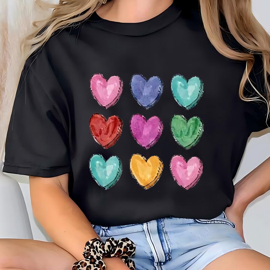 Watercolor Hearts Hoodie, Heart Graphics Shirt, Valentine's Day Shirt, Cute Hearts Shirt, Gift For Valentine's Day, Valentine's Day Hearts T-shirt