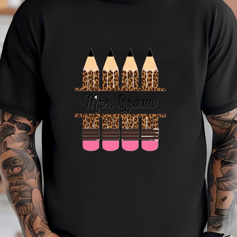 Personalized Teacher Hoodie: Leopard Pencil, Custom Name Gift T-shirt