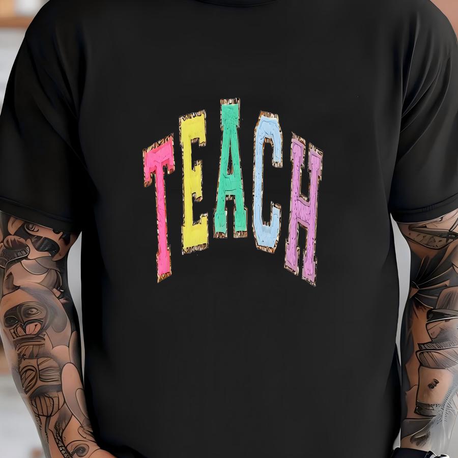 Teacher Sweatshirt With Pastel Chenille Glitter Patch Varsity Letters Trimmed In Gold T-shirt